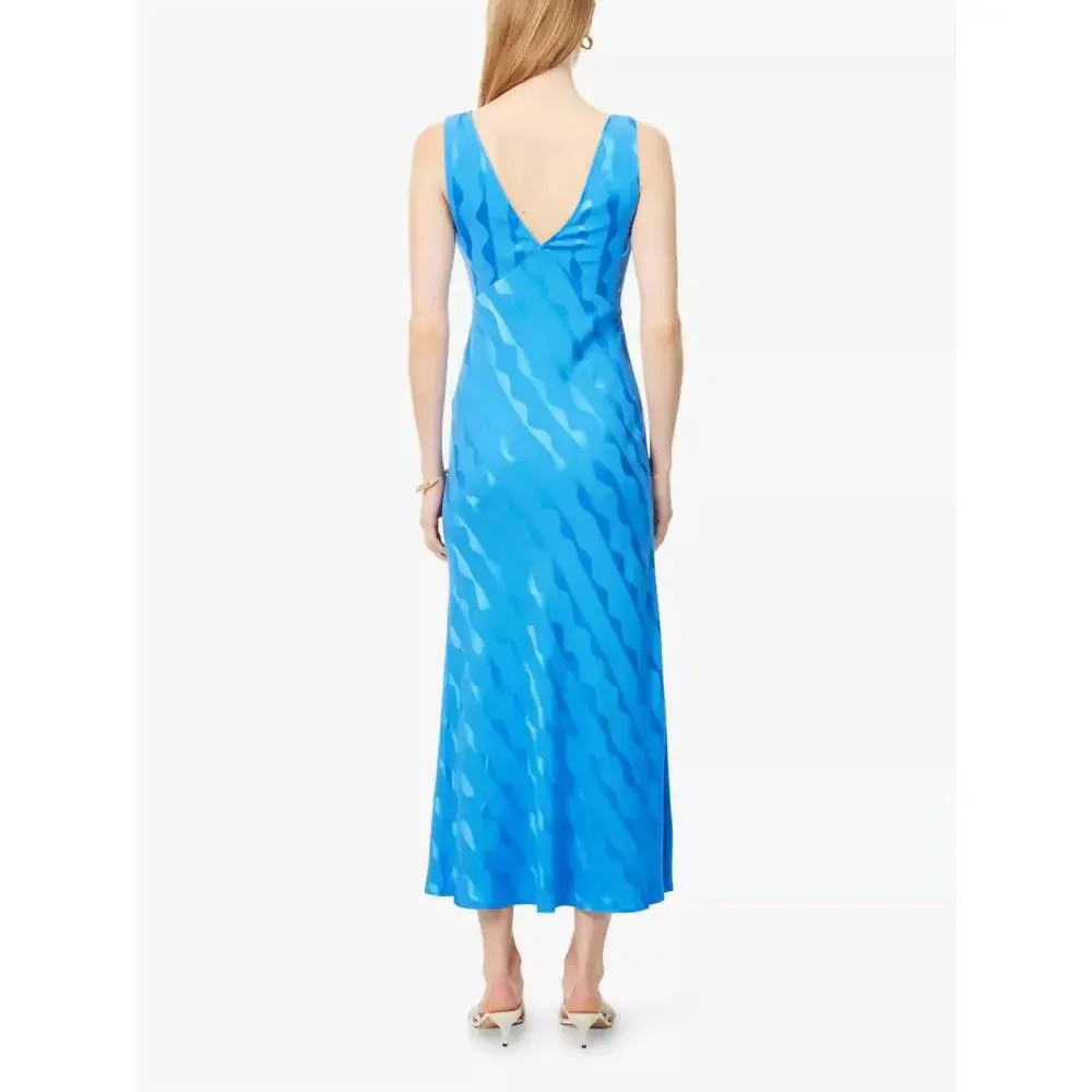 RIXO Bright Blue Wave-Print V-Neck Midi Dress